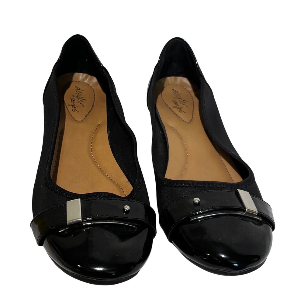 Dexflex Comfort Womens Black Patent Toe Ballet Flats Silver buckle Sz 10 career